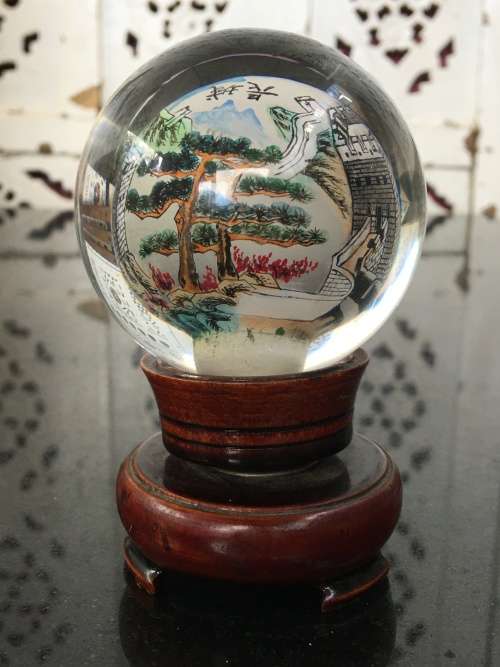Signed Chinese Inside Painted Glass Sphere Of The Great Wall On Wooden Rotating Base