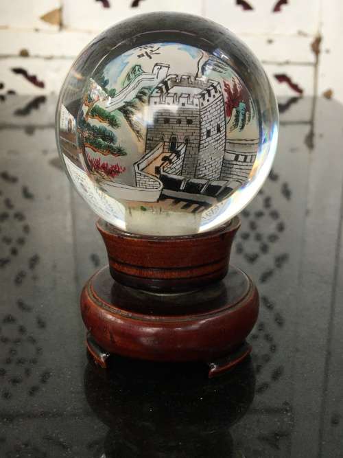 Signed Chinese Inside Painted Glass Sphere Of The Great Wall On Wooden Rotating Base