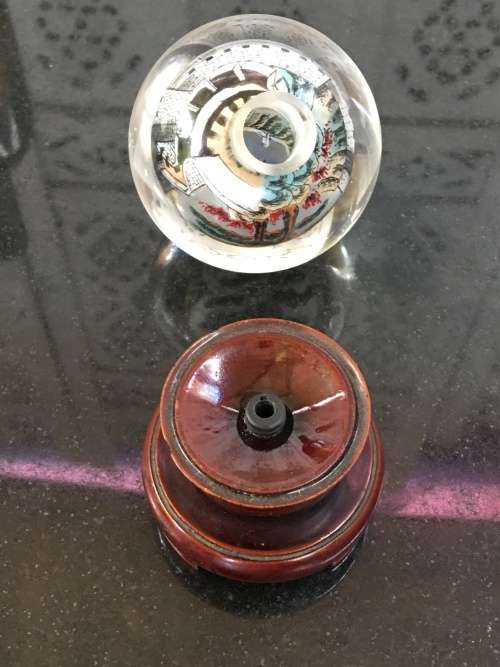 Signed Chinese Inside Painted Glass Sphere Of The Great Wall On Wooden Rotating Base