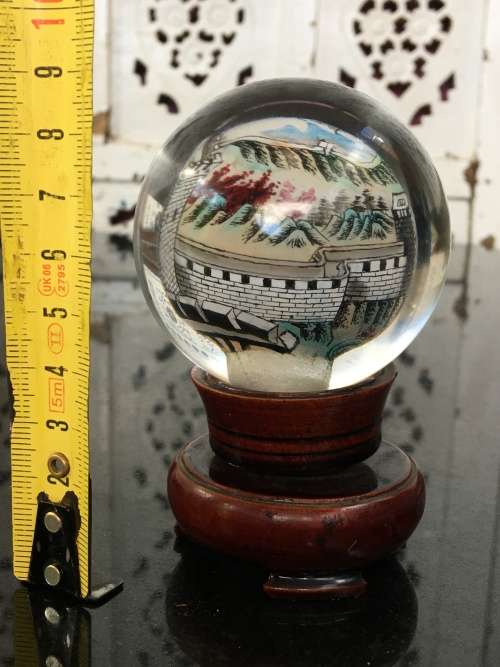 Signed Chinese Inside Painted Glass Sphere Of The Great Wall On Wooden Rotating Base