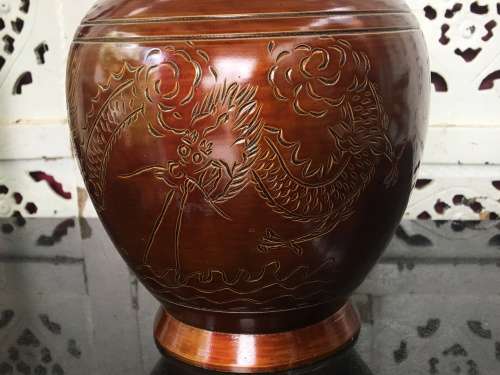 A Large Vintage Bronze Colour Pewter Chinese Tea Caddy With Dragon & Calligraphy