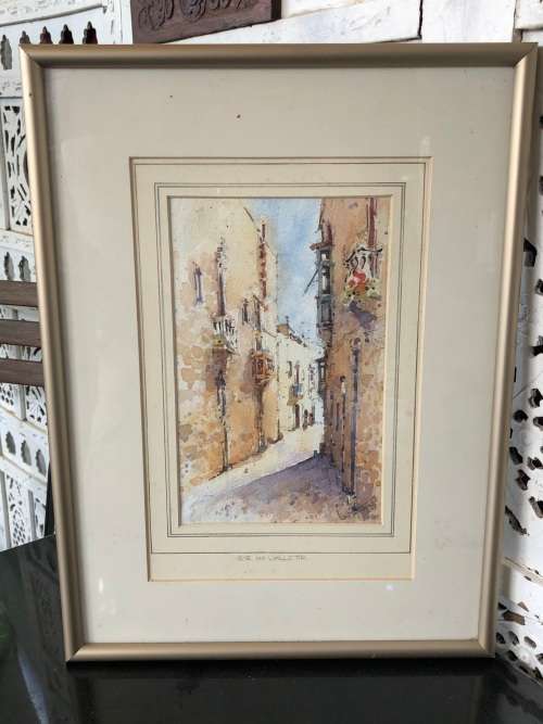 STUNNING FRAMED WATERCOLOR PAINTING BY MALTESE ARTIST WINSTON - STREET IN VALLETTA