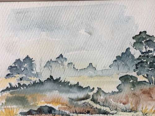 BEAUTIFUL DETAILED WATERCOLOR PAINTING BY SALLY JONES OF A GORGEOUS LANDSCAPE - DATED 1982