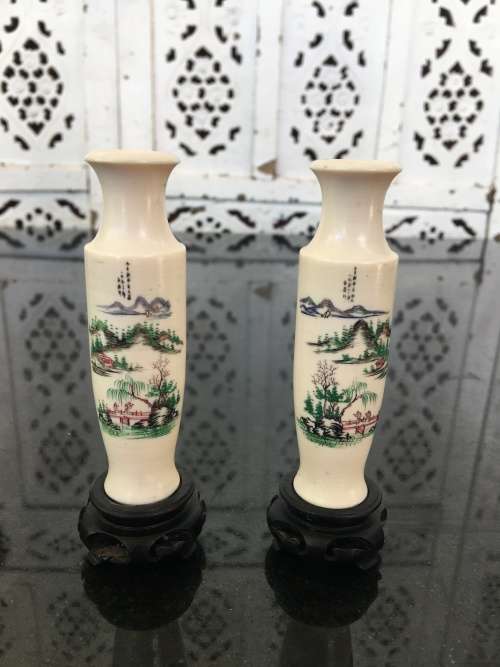 Signed Pair 18th Century Chinese Carved Bone/Ivorine Miniature Vases. Etched and Painted Lanscape