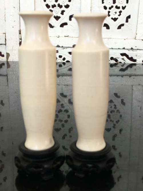 Signed Pair 18th Century Chinese Carved Bone/Ivorine Miniature Vases. Etched and Painted Lanscape