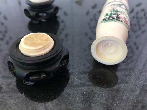 Signed Pair 18th Century Chinese Carved Bone/Ivorine Miniature Vases. Etched and Painted Lanscape