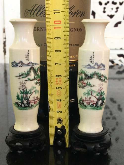 Signed Pair 18th Century Chinese Carved Bone/Ivorine Miniature Vases. Etched and Painted Lanscape