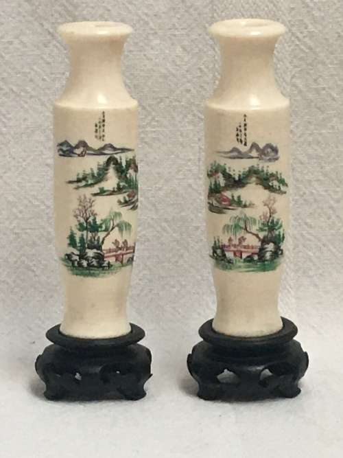 Signed Pair 18th Century Chinese Carved Bone/Ivorine Miniature Vases. Etched and Painted Lanscape