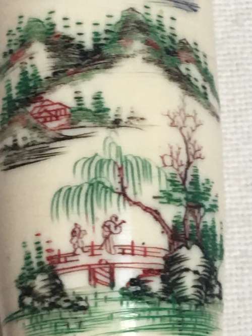 Signed Pair 18th Century Chinese Carved Bone/Ivorine Miniature Vases. Etched and Painted Lanscape