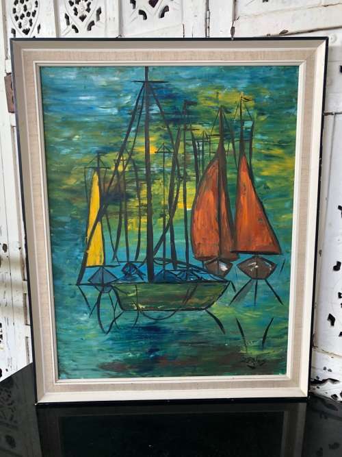 WOW !!! J. PRINS (SA 20th C) FRAMED OIL ON CANVAS BOARD - ABSTRACT OF BOATS