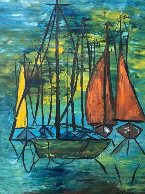 WOW !!! J. PRINS (SA 20th C) FRAMED OIL ON CANVAS BOARD - ABSTRACT OF BOATS