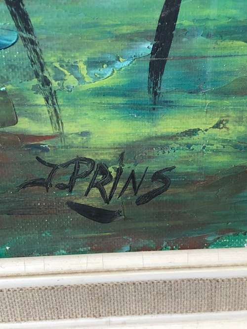 WOW !!! J. PRINS (SA 20th C) FRAMED OIL ON CANVAS BOARD - ABSTRACT OF BOATS