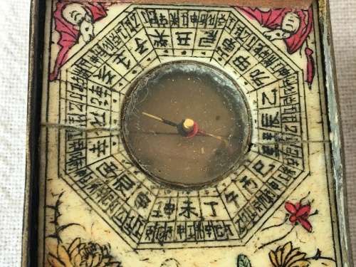 Ancient Chinese Bone/Ivorine Sundial,Compass & Zodiac in Ornate Bronze Case.