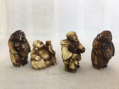 A Collection of Vintage Oriental Carved Ivorine Small Netsukes Male Figurines
