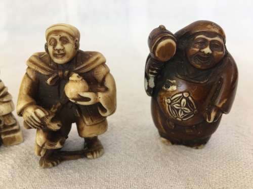 A Collection of Vintage Oriental Carved Ivorine Small Netsukes Male Figurines