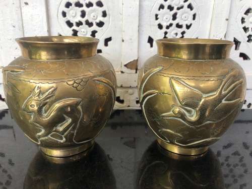 WOW !!! FANTASTIC PAIR OF CHINESE BRASS VASES - WITH FOLIAGE AND BIRDS - BOTH SIGNED UNDERNEATH