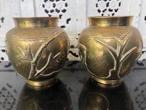 WOW !!! FANTASTIC PAIR OF CHINESE BRASS VASES - WITH FOLIAGE AND BIRDS - BOTH SIGNED UNDERNEATH