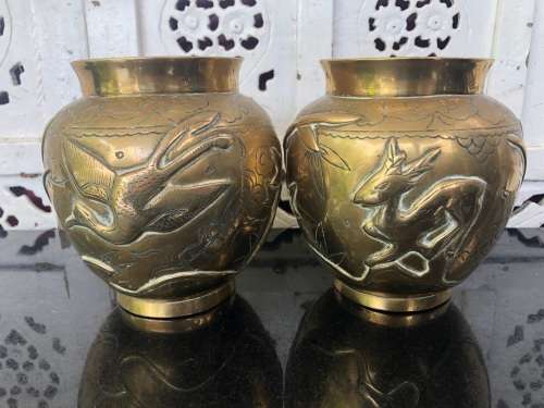 WOW !!! FANTASTIC PAIR OF CHINESE BRASS VASES - WITH FOLIAGE AND BIRDS - BOTH SIGNED UNDERNEATH