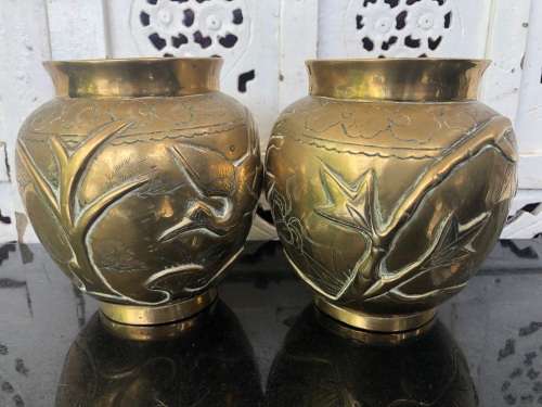 WOW !!! FANTASTIC PAIR OF CHINESE BRASS VASES - WITH FOLIAGE AND BIRDS - BOTH SIGNED UNDERNEATH
