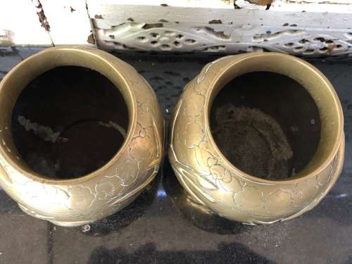 WOW !!! FANTASTIC PAIR OF CHINESE BRASS VASES - WITH FOLIAGE AND BIRDS - BOTH SIGNED UNDERNEATH