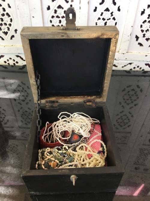 A Lot Beaded Fashion Jewelry Art Pieces in A Lovely Vintage Indian Metal Cladded Top Box