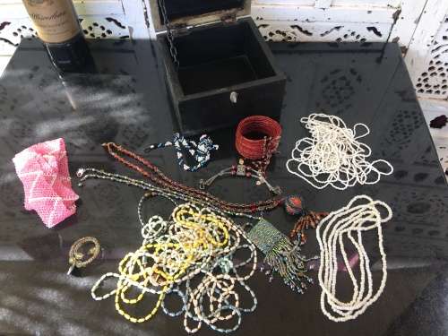 A Lot Beaded Fashion Jewelry Art Pieces in A Lovely Vintage Indian Metal Cladded Top Box