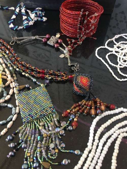 A Lot Beaded Fashion Jewelry Art Pieces in A Lovely Vintage Indian Metal Cladded Top Box