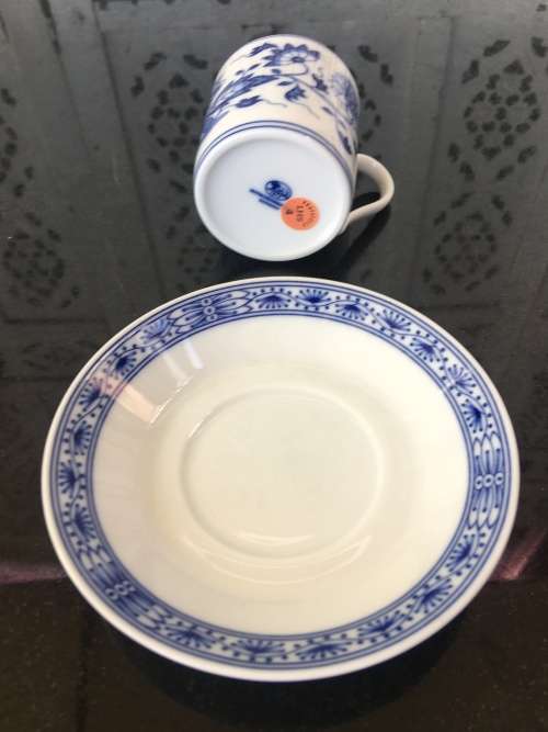 Vintage Hutschenreuther Germany Blue Onion PatternPorcelain Demitasse Duo