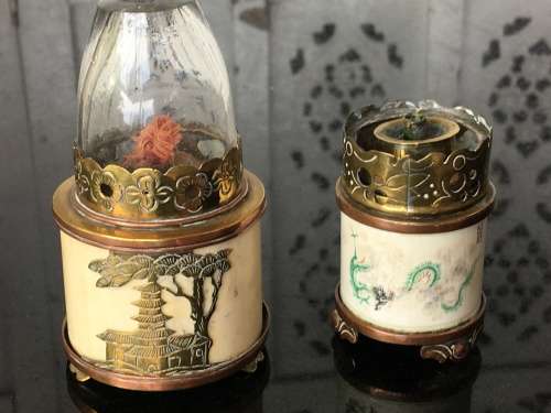 Vintage Oriental Ivorine/Animal Bone & Brass Miniature Oil Burning Lamps with Writings and Temple