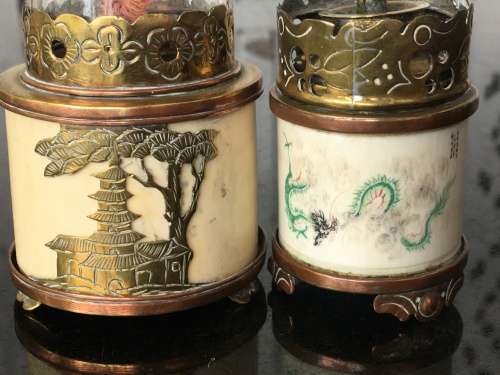 Vintage Oriental Ivorine/Animal Bone & Brass Miniature Oil Burning Lamps with Writings and Temple
