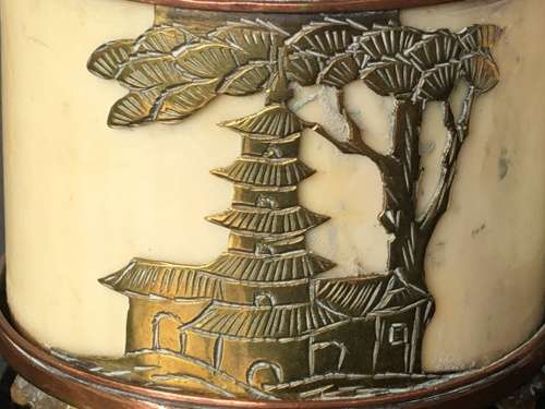 Vintage Oriental Ivorine/Animal Bone & Brass Miniature Oil Burning Lamps with Writings and Temple