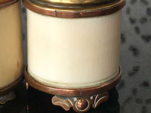 Vintage Oriental Ivorine/Animal Bone & Brass Miniature Oil Burning Lamps with Writings and Temple