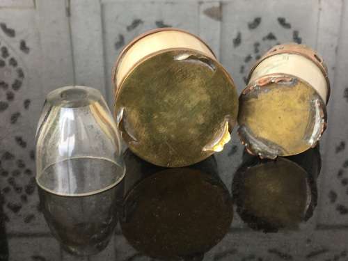 Vintage Oriental Ivorine/Animal Bone & Brass Miniature Oil Burning Lamps with Writings and Temple