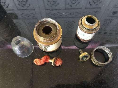 Vintage Oriental Ivorine/Animal Bone & Brass Miniature Oil Burning Lamps with Writings and Temple