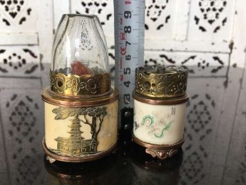 Vintage Oriental Ivorine/Animal Bone & Brass Miniature Oil Burning Lamps with Writings and Temple