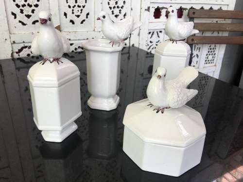 Collection Of Vintage Costa Italy Dove Lidded Vanity Jars. Hand Made & Glazed Italian Art.