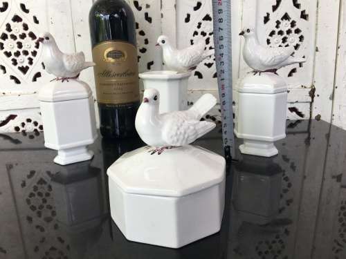 Collection Of Vintage Costa Italy Dove Lidded Vanity Jars. Hand Made & Glazed Italian Art.