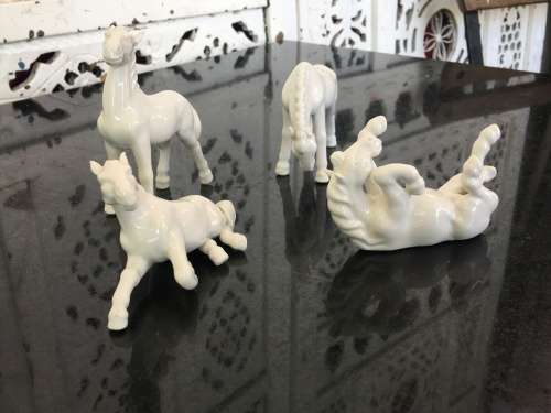 4 Vintage Chinese Blanc De Chine Horses at Play -Detailed Porcelain Horse Figurines