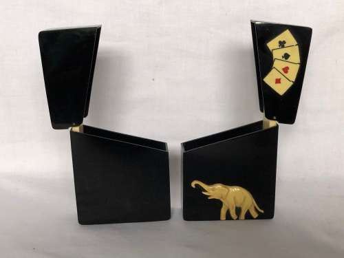 WOW !!! AMAZING PAIR OF ART DECO BAKELITE PLAYING CARD HOLDERS - BOTH IN EXCELLENT CONDITION