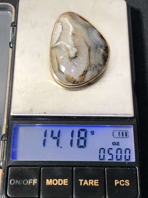 WOW !!!! 9ct GOLD MOUNTED NATURAL AGATE SPECIMEN OVAL BROOCH WITH A PENDANT FITTING - CLEARLY MARKED