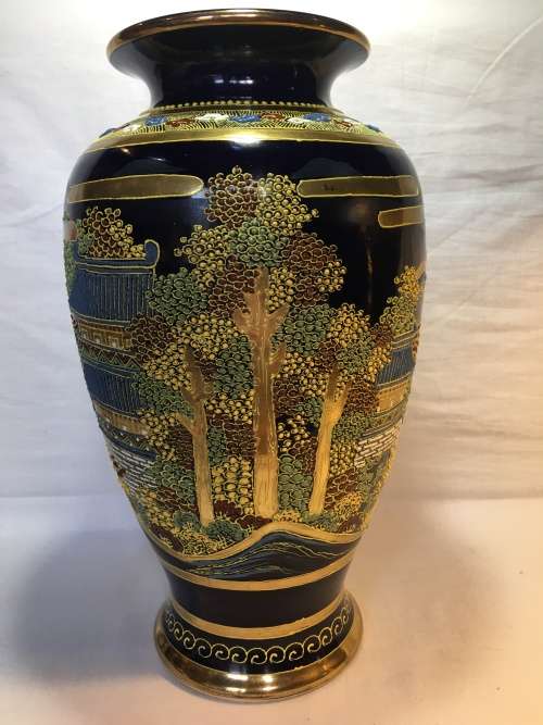 Exquisite Large Antique Japanese Satsuma Cobalt Blue Vase Hand Painted Moriage Temple & Gardens 37cm