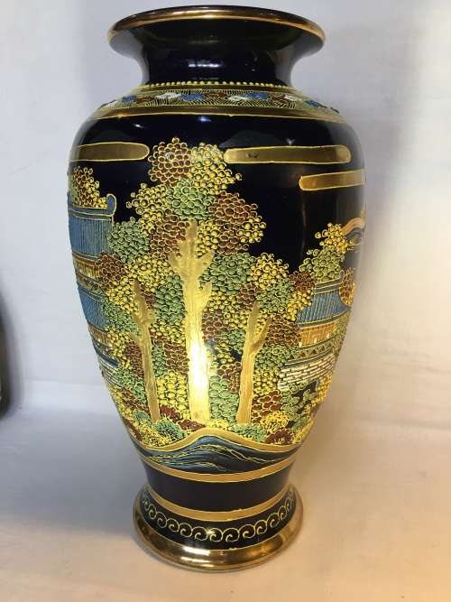 Exquisite Large Antique Japanese Satsuma Cobalt Blue Vase Hand Painted Moriage Temple & Gardens 37cm