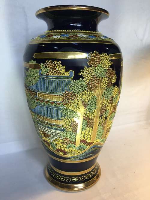 Exquisite Large Antique Japanese Satsuma Cobalt Blue Vase Hand Painted Moriage Temple & Gardens 37cm
