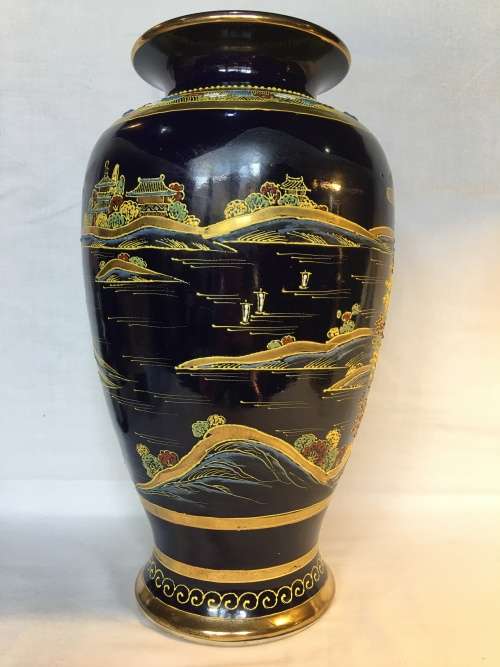 Exquisite Large Antique Japanese Satsuma Cobalt Blue Vase Hand Painted Moriage Temple & Gardens 37cm