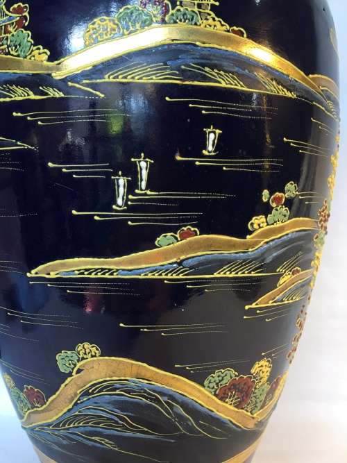 Exquisite Large Antique Japanese Satsuma Cobalt Blue Vase Hand Painted Moriage Temple & Gardens 37cm