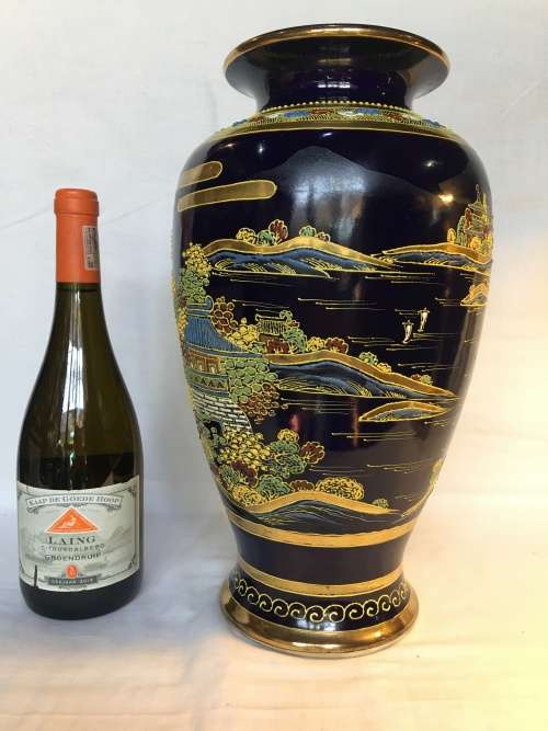 Exquisite Large Antique Japanese Satsuma Cobalt Blue Vase Hand Painted Moriage Temple & Gardens 37cm