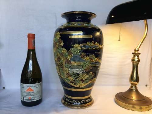 Exquisite Large Antique Japanese Satsuma Cobalt Blue Vase Hand Painted Moriage Temple & Gardens 37cm