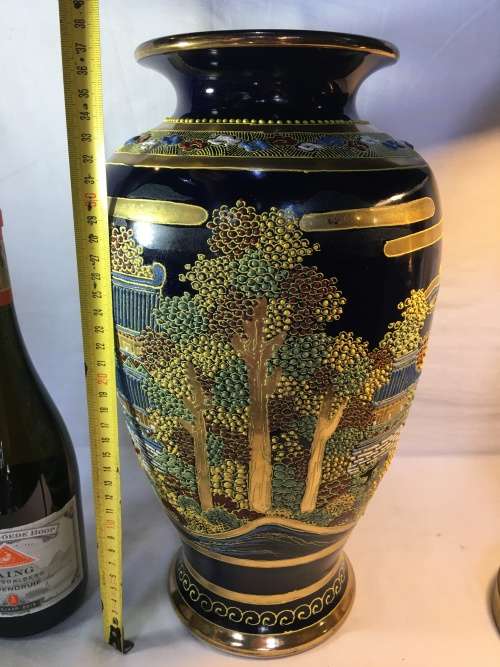 Exquisite Large Antique Japanese Satsuma Cobalt Blue Vase Hand Painted Moriage Temple & Gardens 37cm