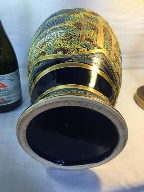 Exquisite Large Antique Japanese Satsuma Cobalt Blue Vase Hand Painted Moriage Temple & Gardens 37cm