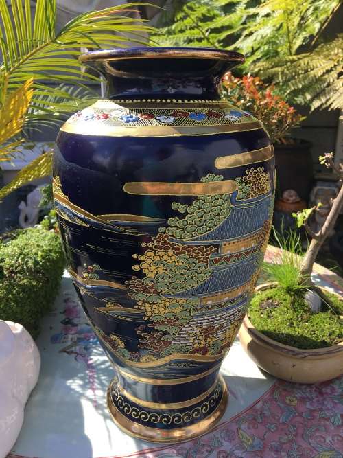 Exquisite Large Antique Japanese Satsuma Cobalt Blue Vase Hand Painted Moriage Temple & Gardens 37cm